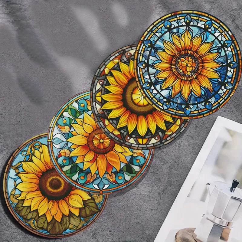 4 sunflower printed coasters, suitable for daily family party decoration, kitchen, non-slip wooden coasters, holiday gifts