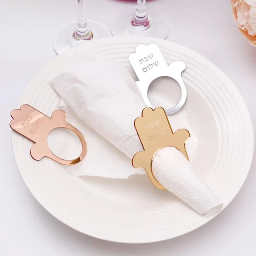 12Pcs/Lot Jewish Hamsa Shabbat Shalom Napkin Ring Mirror Acrylic Table Decor for Sabbath Dinner Jewish Holiday Table Decoration