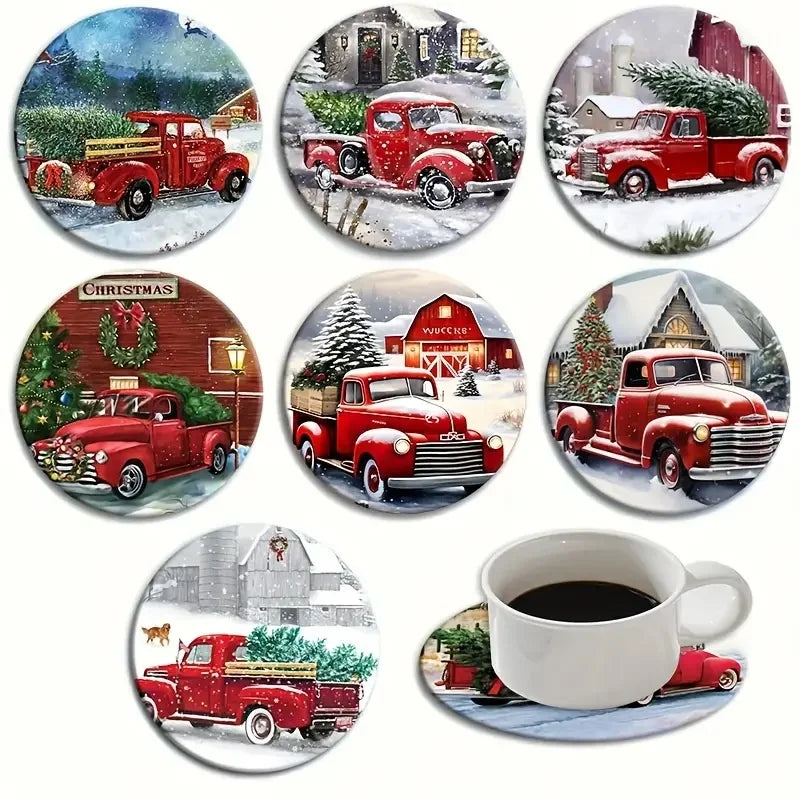 6 pieces of Christmas truck print coasters, suitable for daily family party decoration, offices, and anti-slip wooden coasters