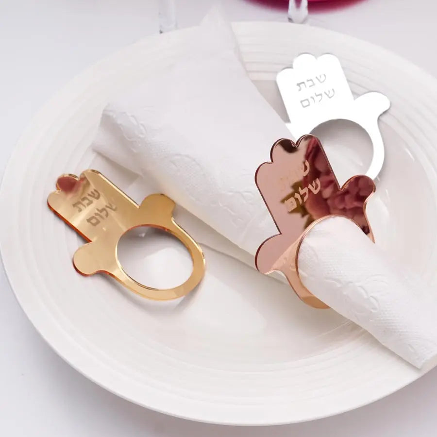 12Pcs/Lot Jewish Hamsa Shabbat Shalom Napkin Ring Mirror Acrylic Table Decor for Sabbath Dinner Jewish Holiday Table Decoration