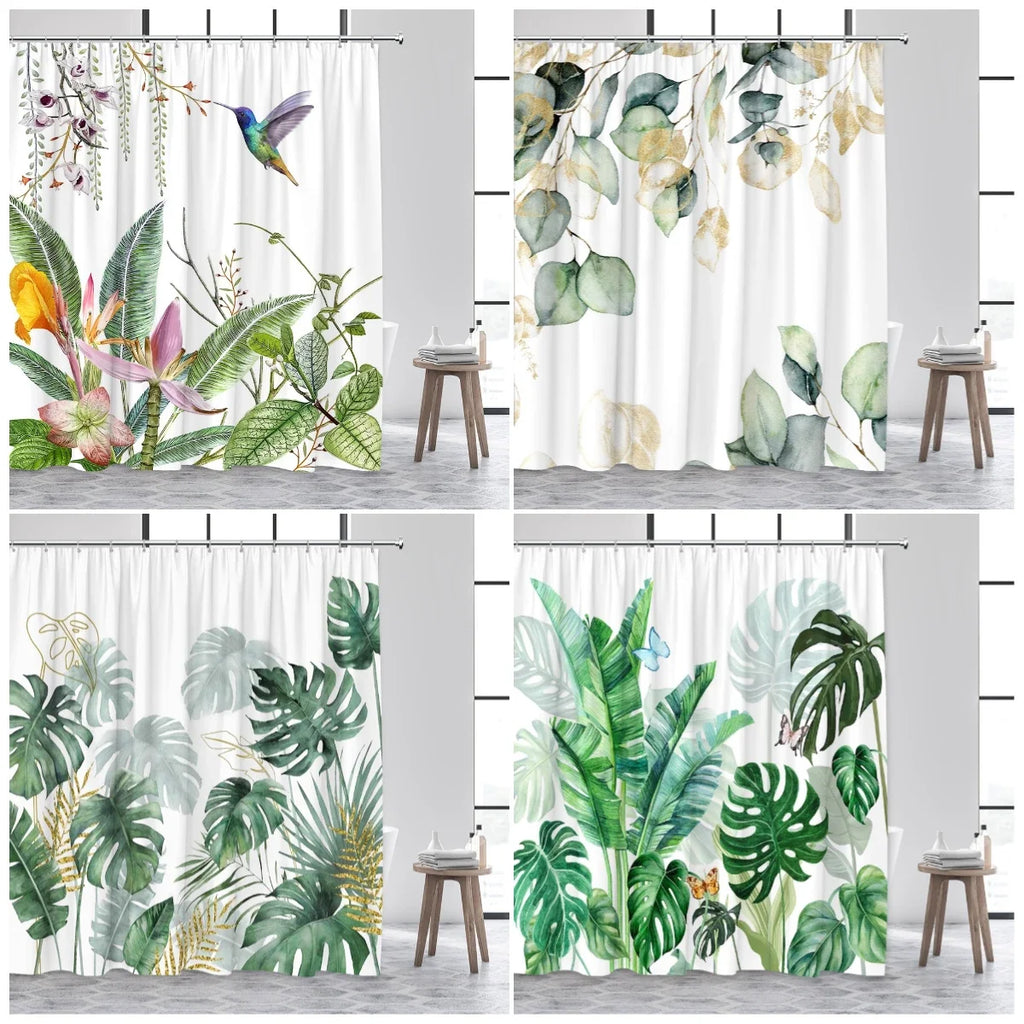 Tropical Plant Leaves Shower Curtain Hummingbird Palm Leaf Monstera Butterfly Watercolour Art Fabric Home Decor Bathroom Curta