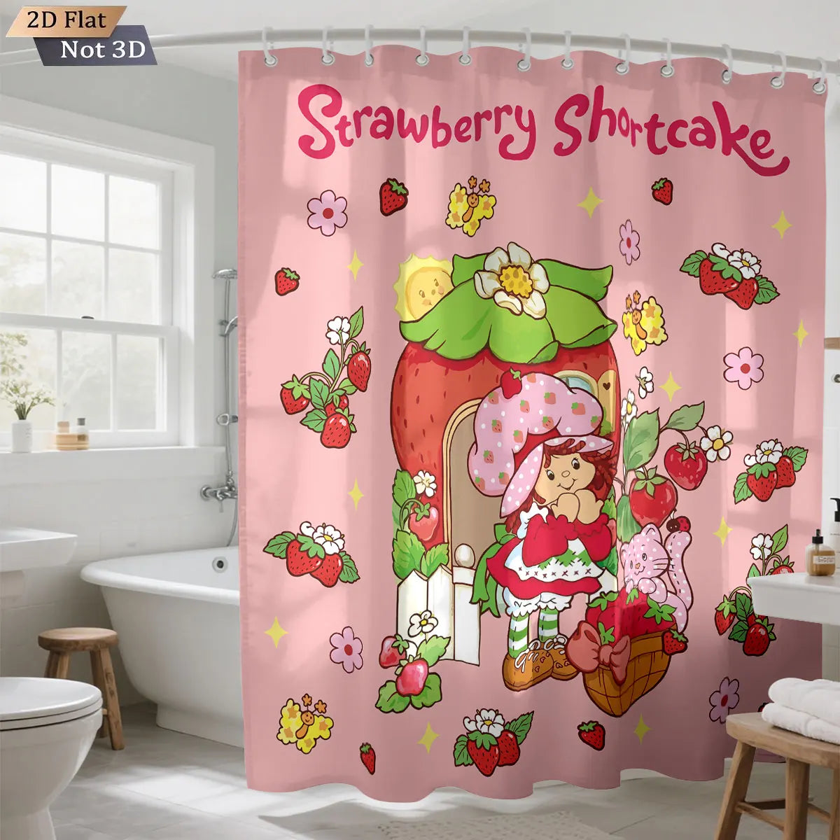 1pc Pink Cake Girl Printed Waterproof Shower Privacy Partition Shower Curtain With 12 Hooks Multiple Sizes Machine Washable
