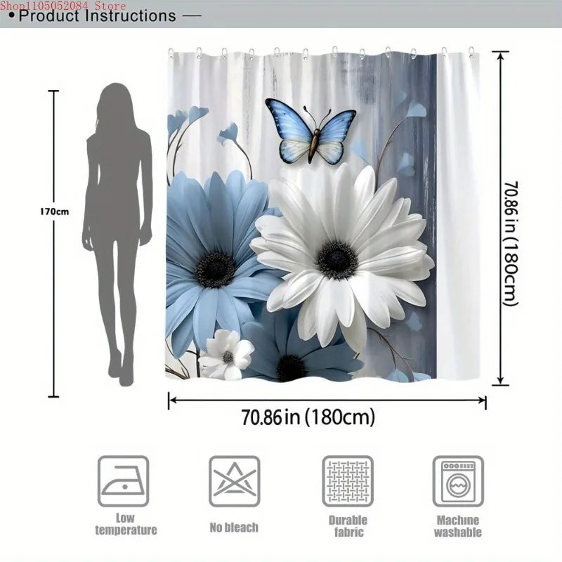 1pc blue white daisies butterflies shower curtain polyester-   With Hooks Waterproof Mildew Proof Easy Install Washable
