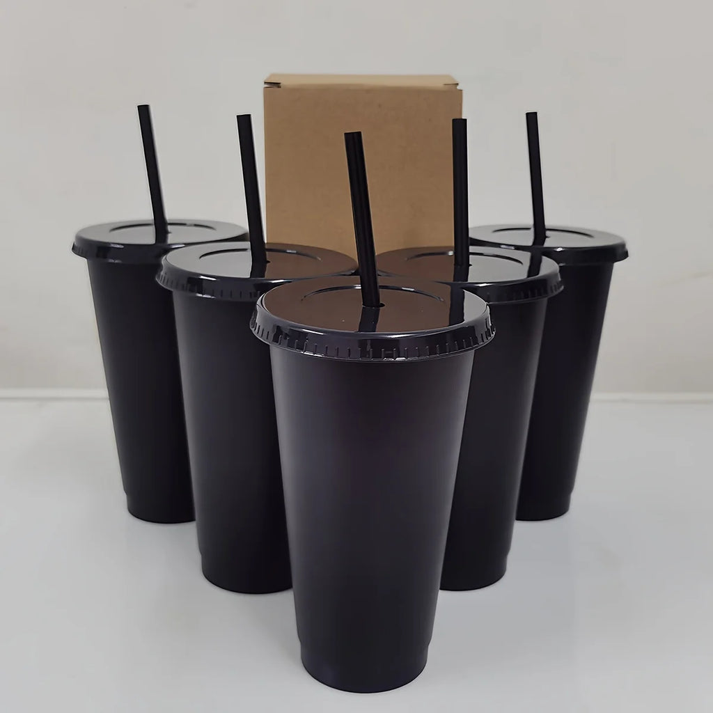 5pcs, 24.01oz Tumblers With Lids And Straws Reusable Plastic Cups Iced Coffee Large Water Bottle Party Cold Mug Summer Drinkware