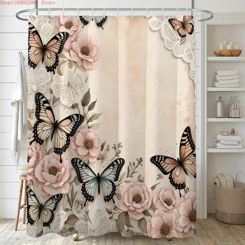 1pc printed shower curtain hook polyester -   With Hooks Waterproof Mildew Proof Easy Install Washable