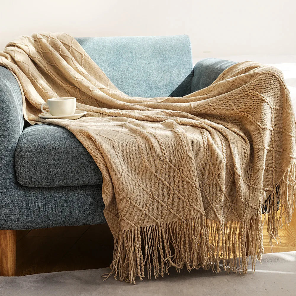 Khaki Gift Knitted Blanket with Tassels Chunky Vintage Luxury Farmhouse Throw Bedspread Oversized Blanket Cover Manta Para Sofá