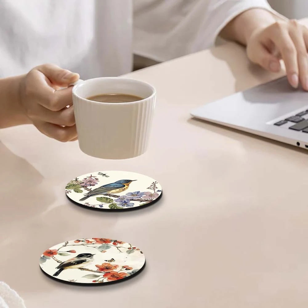 2D Flat 6pcs Watercolor Illustration Style Wooden Coasters With Bird Flower Patterns Artistic Elegant Cup Mats Home Decor Gifts