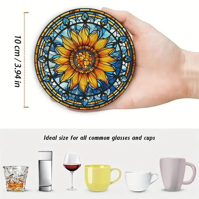 4 sunflower printed coasters, suitable for daily family party decoration, kitchen, non-slip wooden coasters, holiday gifts