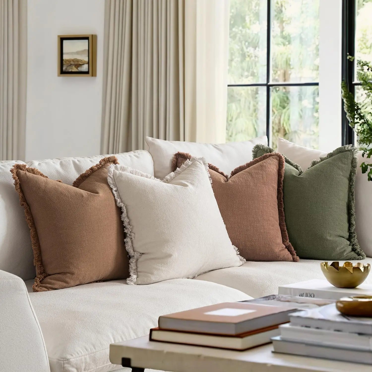 Set of 4 Neutral Linen Fringe Throw Pillows, Soft Rustic Cushions for Sofa Living Room Decor, Beige/Brown/Green