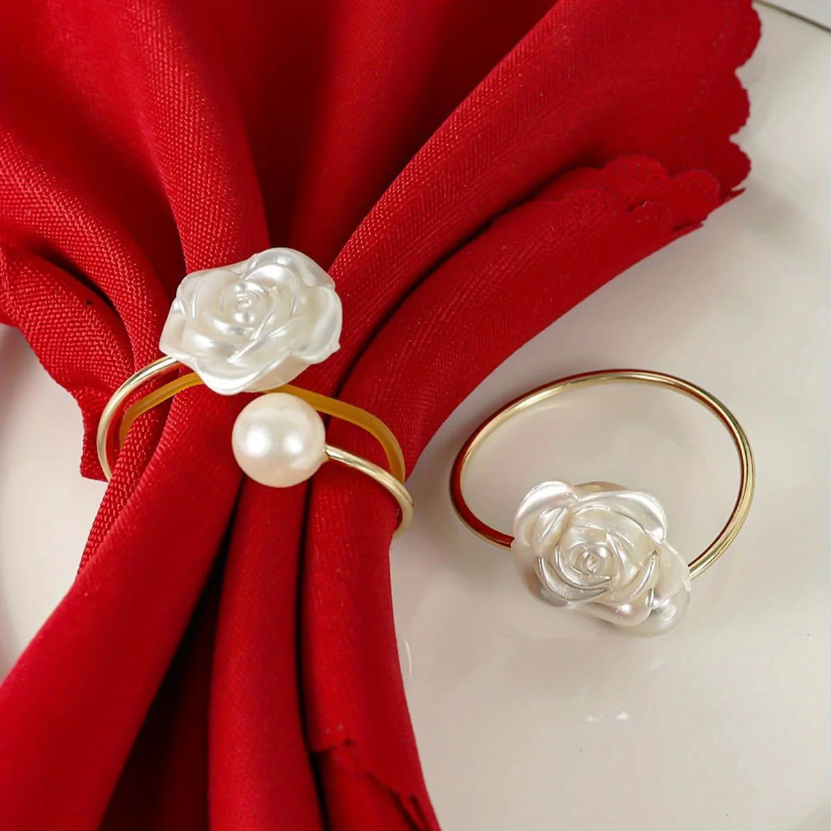 Rose Napkin Rings White Pearl Flower Napkin Holder Set Wedding Banquet Valentines Day Party Restaurant Kitchen Table Setting