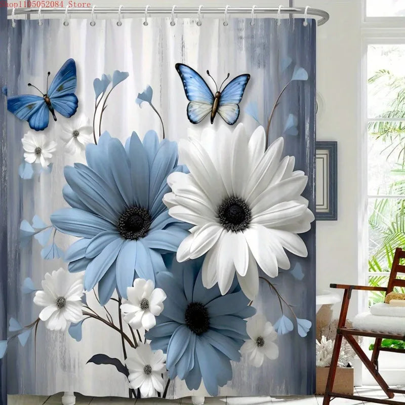 1pc blue white daisies butterflies shower curtain polyester-   With Hooks Waterproof Mildew Proof Easy Install Washable