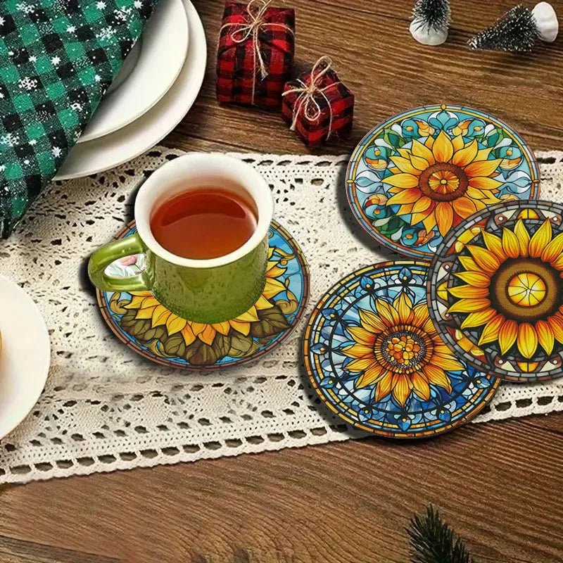 4 sunflower printed coasters, suitable for daily family party decoration, kitchen, non-slip wooden coasters, holiday gifts