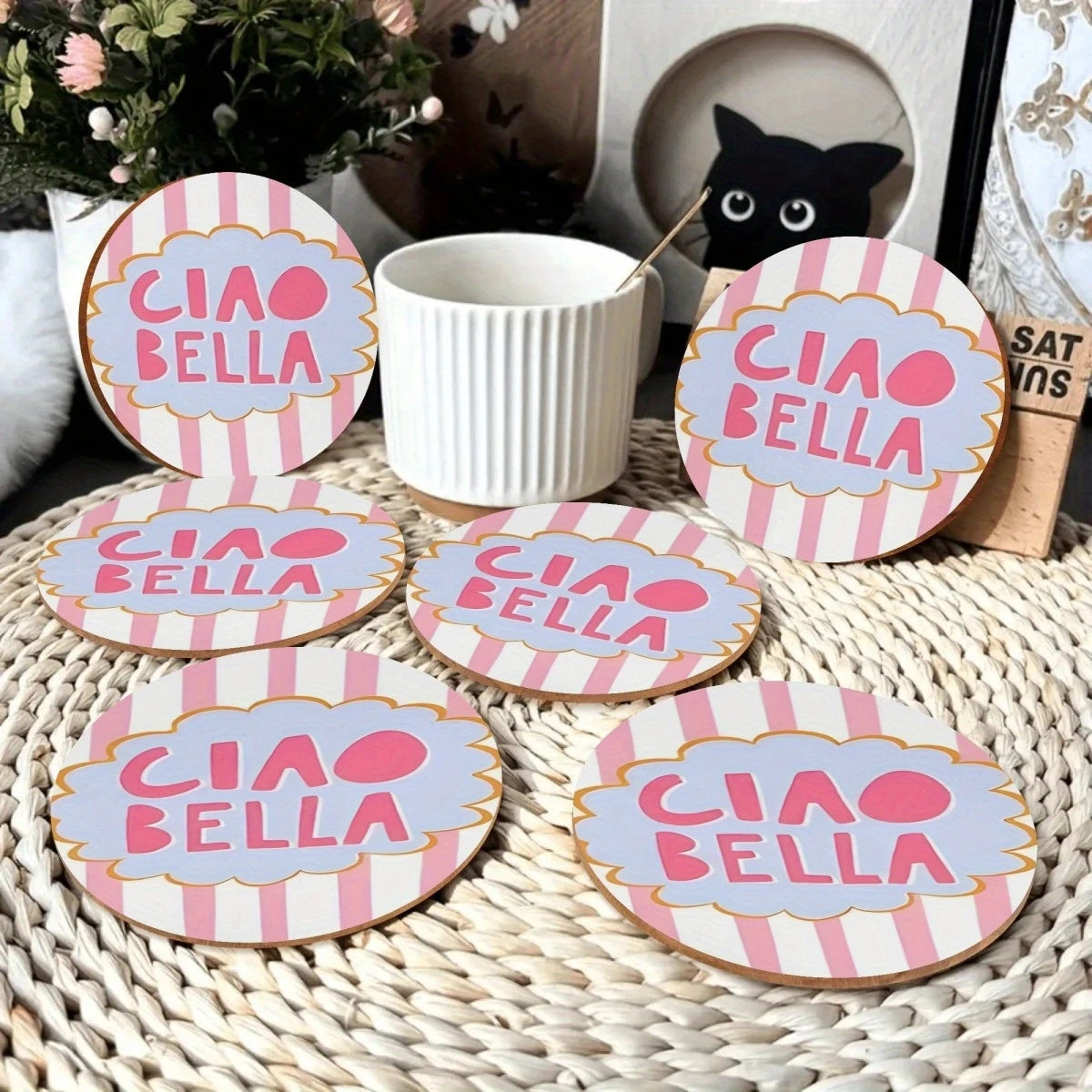 2D Ciao Bella Retro Italian Design Coaster Set - Pink & White with Blue Frame 6 round Table Protector Pads for Home Decor