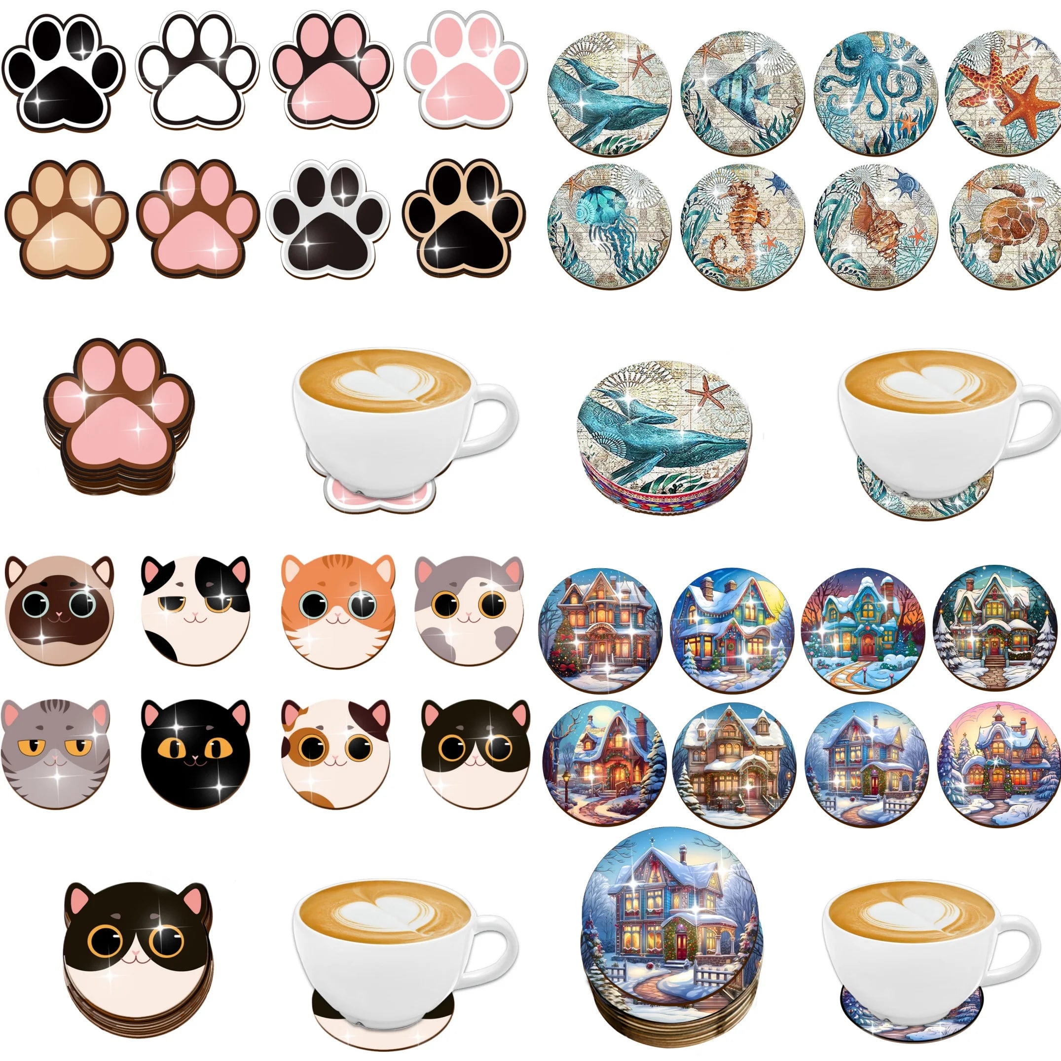 8-piece animal, Christmas Cottage print wooden coasters - perfect for drinks, tea and coffee - ideal for home and restaurant dec