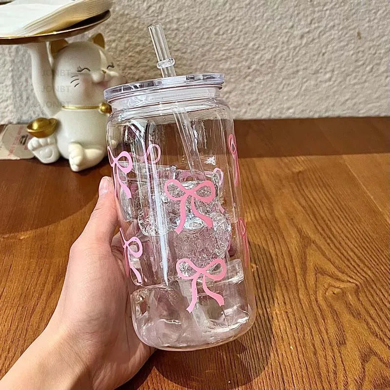 500ml Cute Bow Plastic Cup With Lids Straw Tumbler Mason Jar Shaped Coffee Cups Water Bottle Party Gift for Ice Coffee Juice Cup