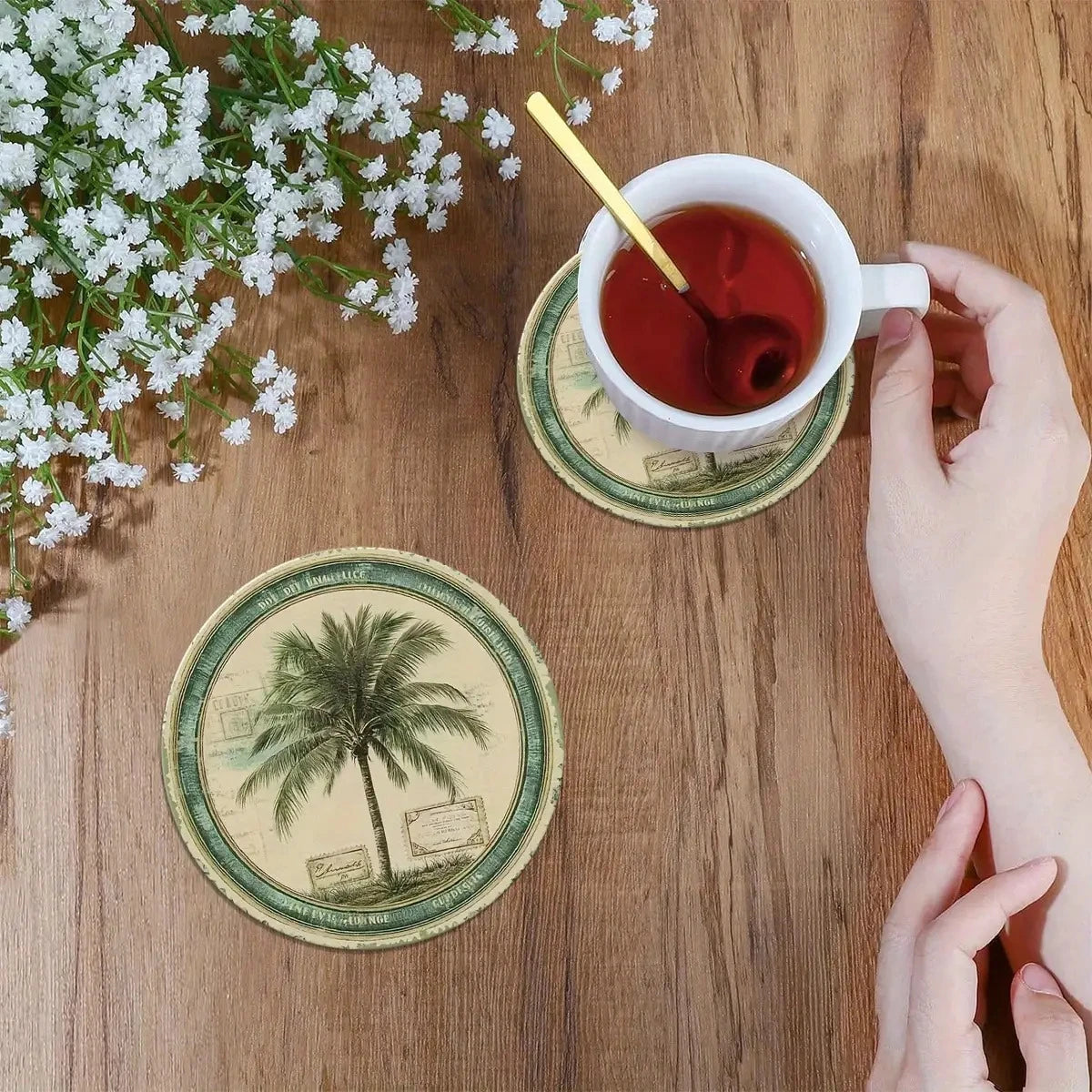 10CM 4PCS 2D Retro Natural Palm Tree Island Beach Wooden Coasters Furniture Decoration Gift Party Decoration Desktop Protection