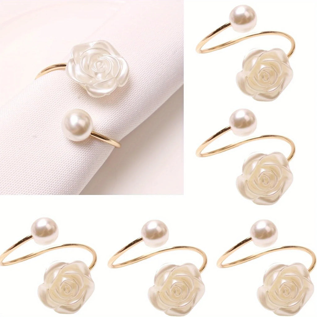 Rose Napkin Rings White Pearl Flower Napkin Holder Set Wedding Banquet Valentines Day Party Restaurant Kitchen Table Setting