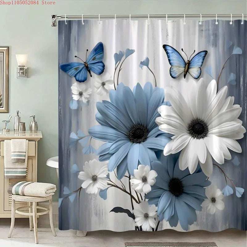1pc blue white daisies butterflies shower curtain polyester-   With Hooks Waterproof Mildew Proof Easy Install Washable
