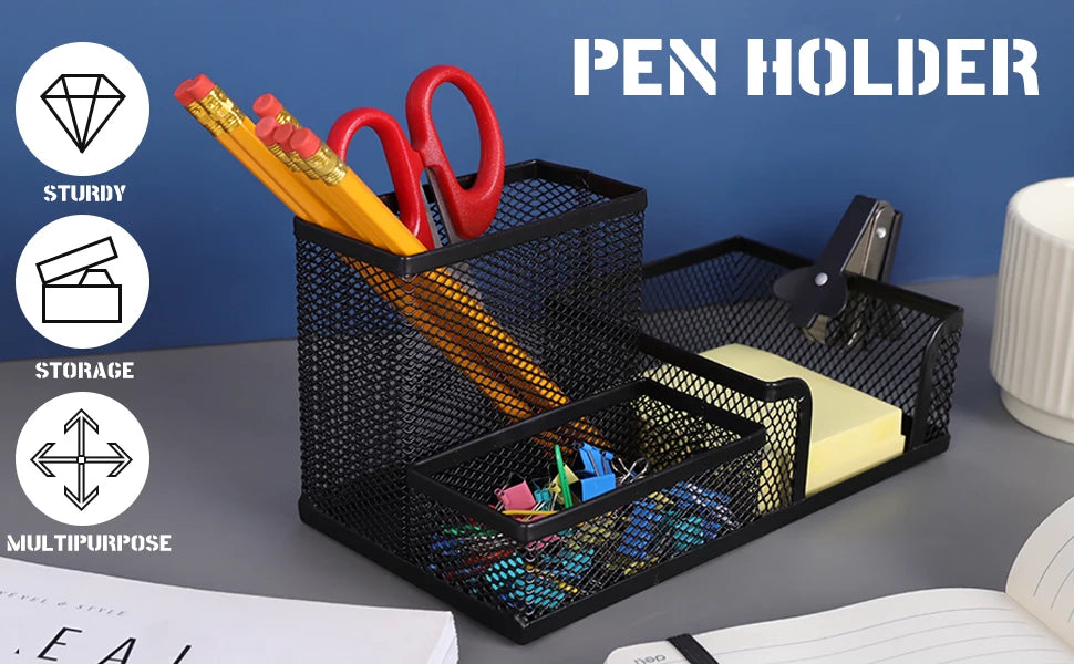Mesh Desk Organizer Office Supplies Caddy with Pencil Holder and Storage Baskets for Desktop Accessories, 3 Compartments, Black