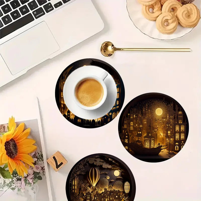 4 castle-print coasters, suitable for daily family party decoration, office, non-slip wooden coasters, holiday gifts