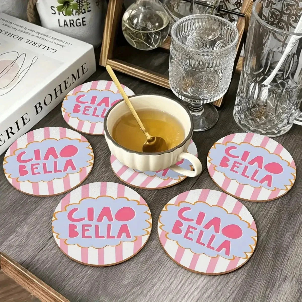 2D Ciao Bella Retro Italian Design Coaster Set - Pink & White with Blue Frame 6 round Table Protector Pads for Home Decor