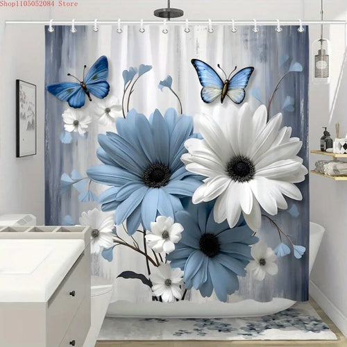1pc blue white daisies butterflies shower curtain polyester-   With Hooks Waterproof Mildew Proof Easy Install Washable