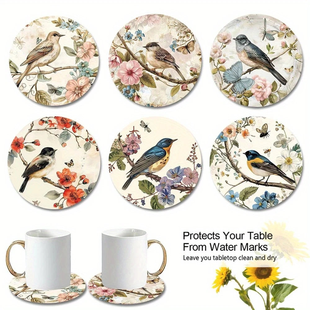 2D Flat 6pcs Watercolor Illustration Style Wooden Coasters With Bird Flower Patterns Artistic Elegant Cup Mats Home Decor Gifts