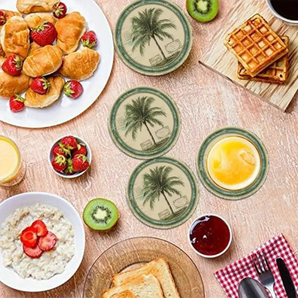 10CM 4PCS 2D Retro Natural Palm Tree Island Beach Wooden Coasters Furniture Decoration Gift Party Decoration Desktop Protection