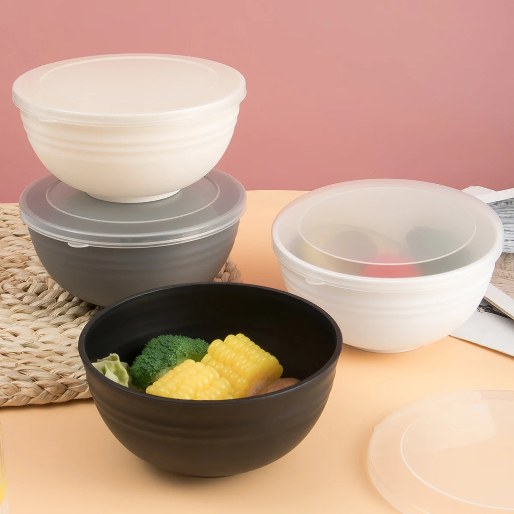 2/4/6pcs Black plastic bowl with lid reusable for home kitchen restaurant RV Camping Work school packing grain salad food