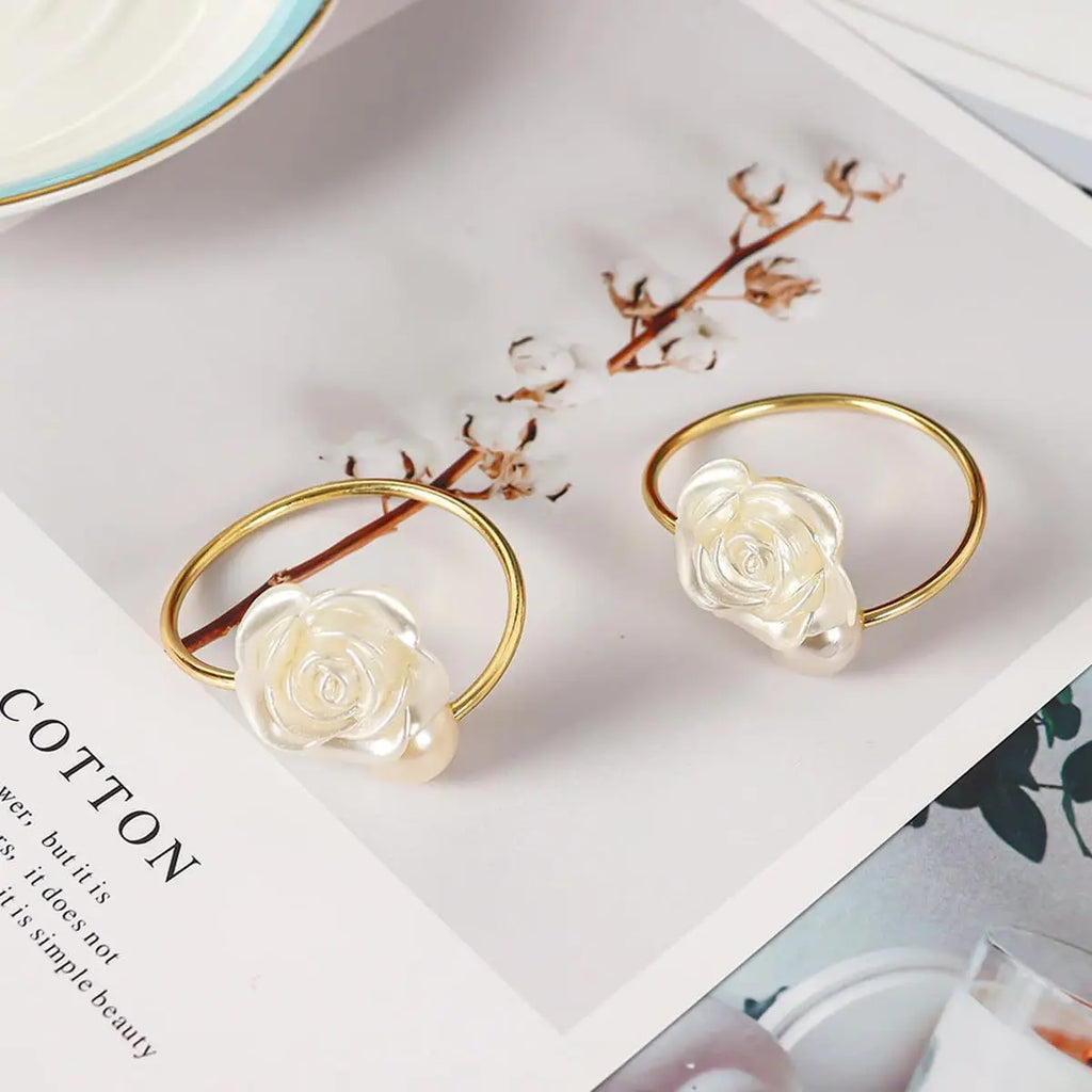 Rose Napkin Rings White Pearl Flower Napkin Holder Set Wedding Banquet Valentines Day Party Restaurant Kitchen Table Setting