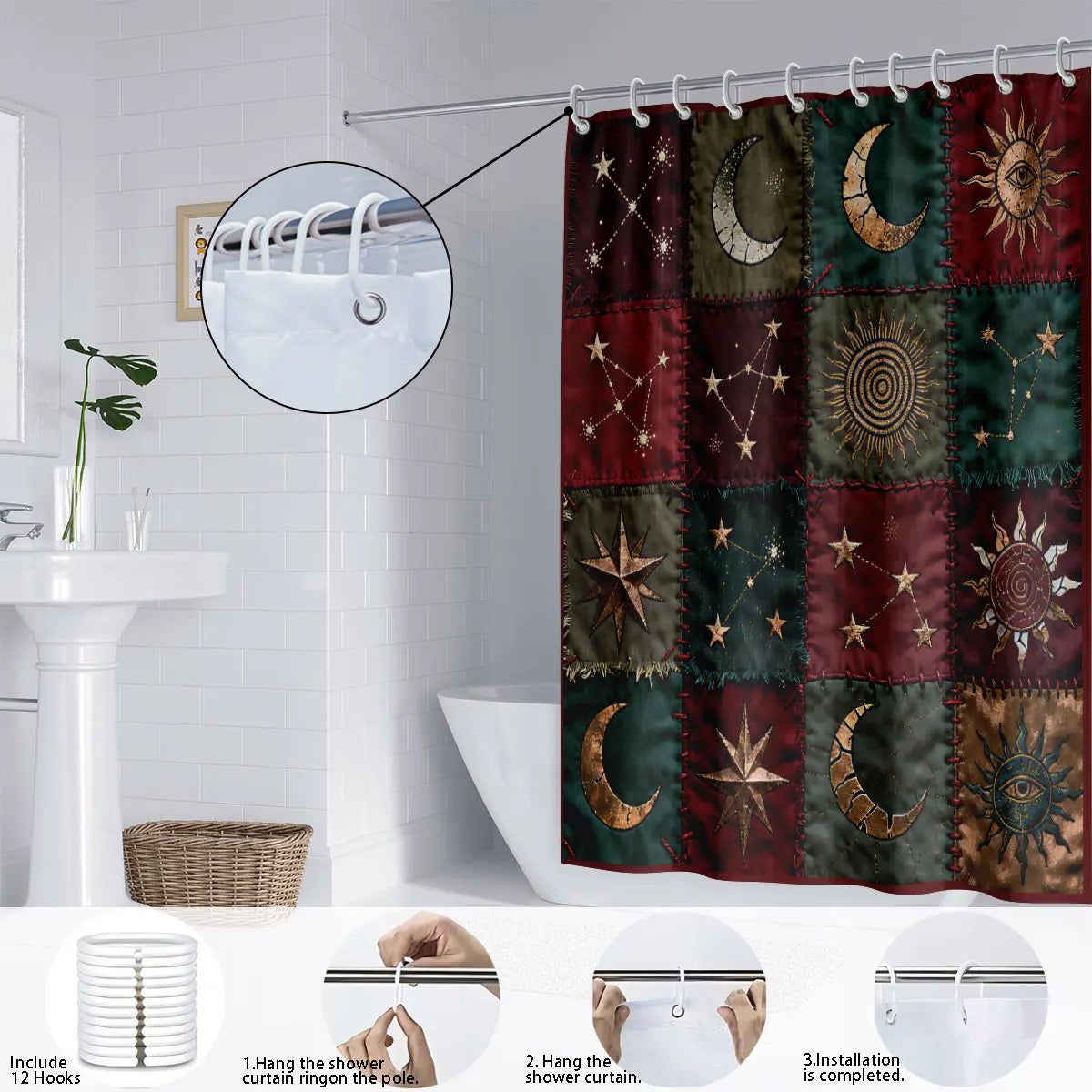 1pc fabric sun moon splicing print waterproof shower partition privacy hanging curtain 12 hook multiple size easy installation