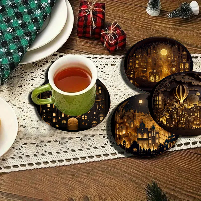 4 castle-print coasters, suitable for daily family party decoration, office, non-slip wooden coasters, holiday gifts