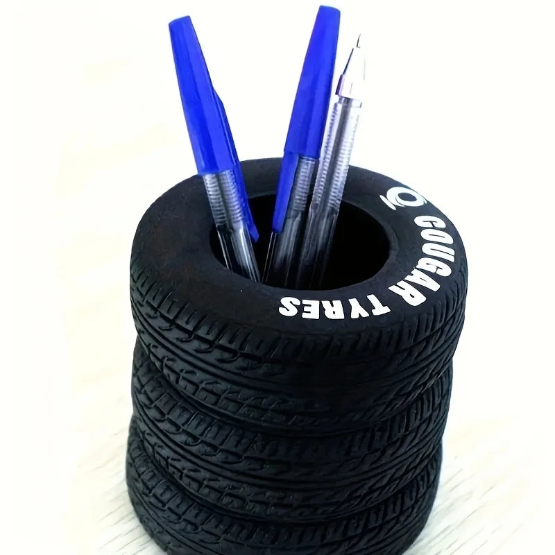 1Pcs Fun Tire Pen Holder - Durable Black with Lettered PVC Desk Storage for Schools and Offices