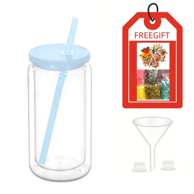 Double Wall Snowglobe Plastic Cups with Pre-Drilled Hole Christmas Straw Water Bottte Clear Tumbler Coffee Juice Drinkware Gifts