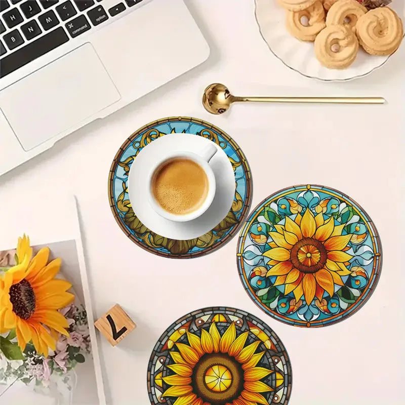4 sunflower printed coasters, suitable for daily family party decoration, kitchen, non-slip wooden coasters, holiday gifts