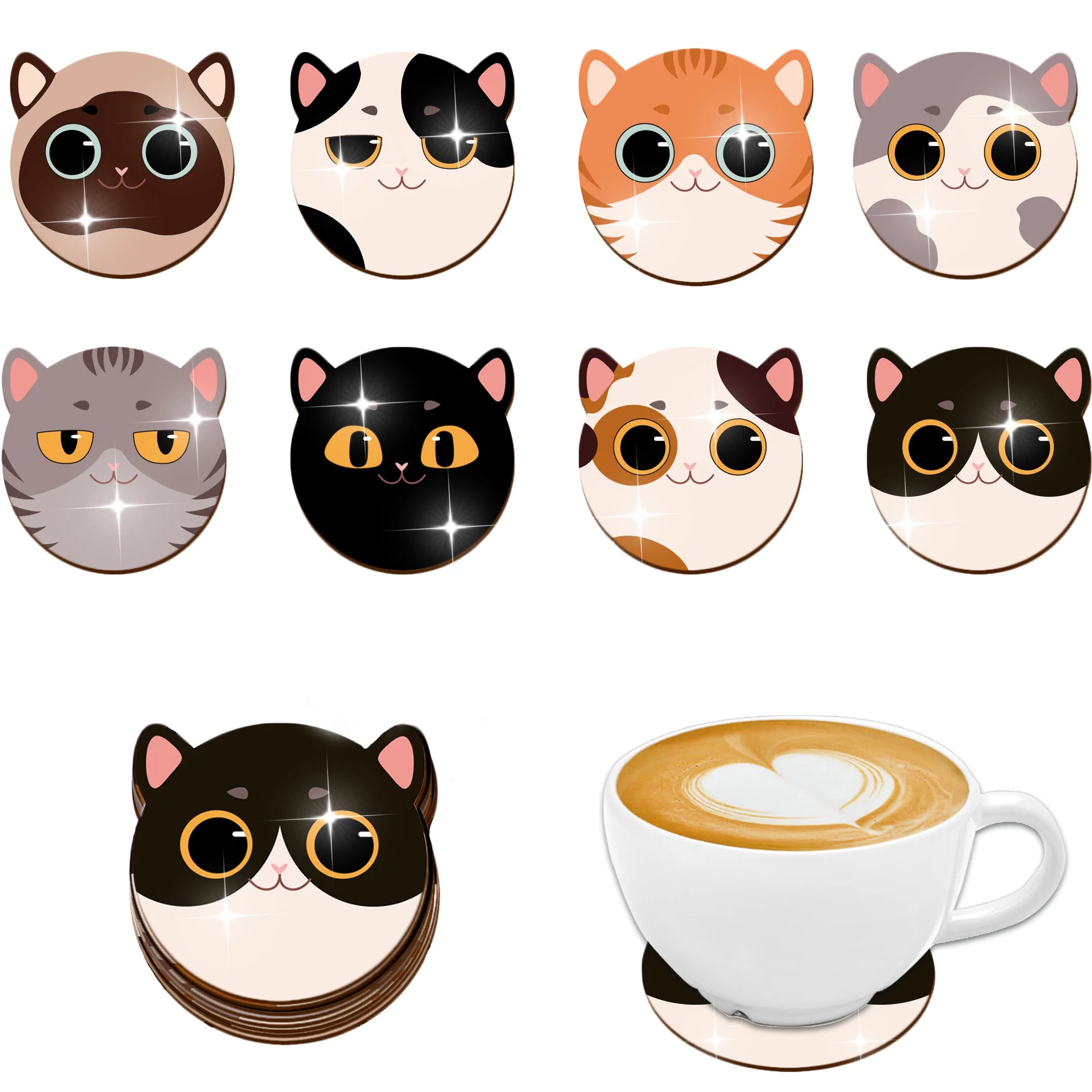 8-piece animal, Christmas Cottage print wooden coasters - perfect for drinks, tea and coffee - ideal for home and restaurant dec