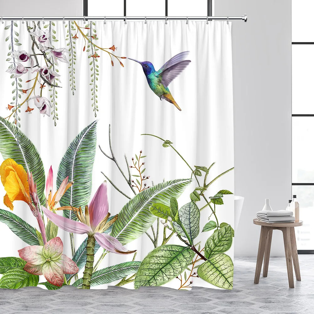 Tropical Plant Leaves Shower Curtain Hummingbird Palm Leaf Monstera Butterfly Watercolour Art Fabric Home Decor Bathroom Curta