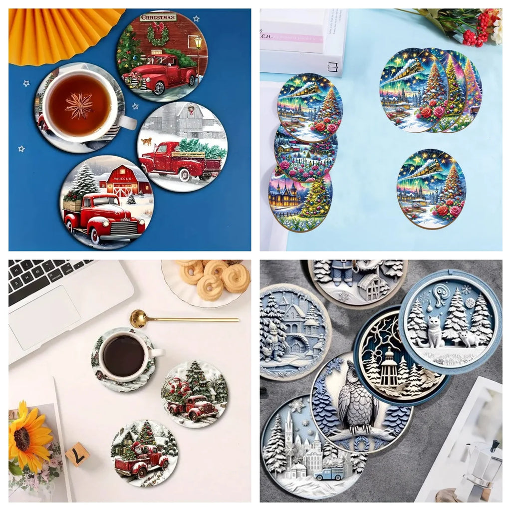 6 pieces of Christmas truck print coasters, suitable for daily family party decoration, offices, and anti-slip wooden coasters