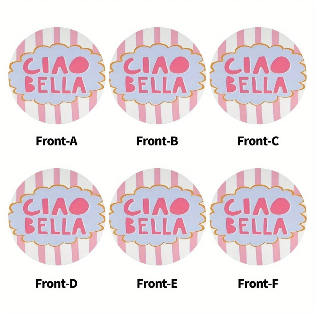 2D Ciao Bella Retro Italian Design Coaster Set - Pink & White with Blue Frame 6 round Table Protector Pads for Home Decor