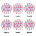 2D Ciao Bella Retro Italian Design Coaster Set - Pink & White with Blue Frame 6 round Table Protector Pads for Home Decor