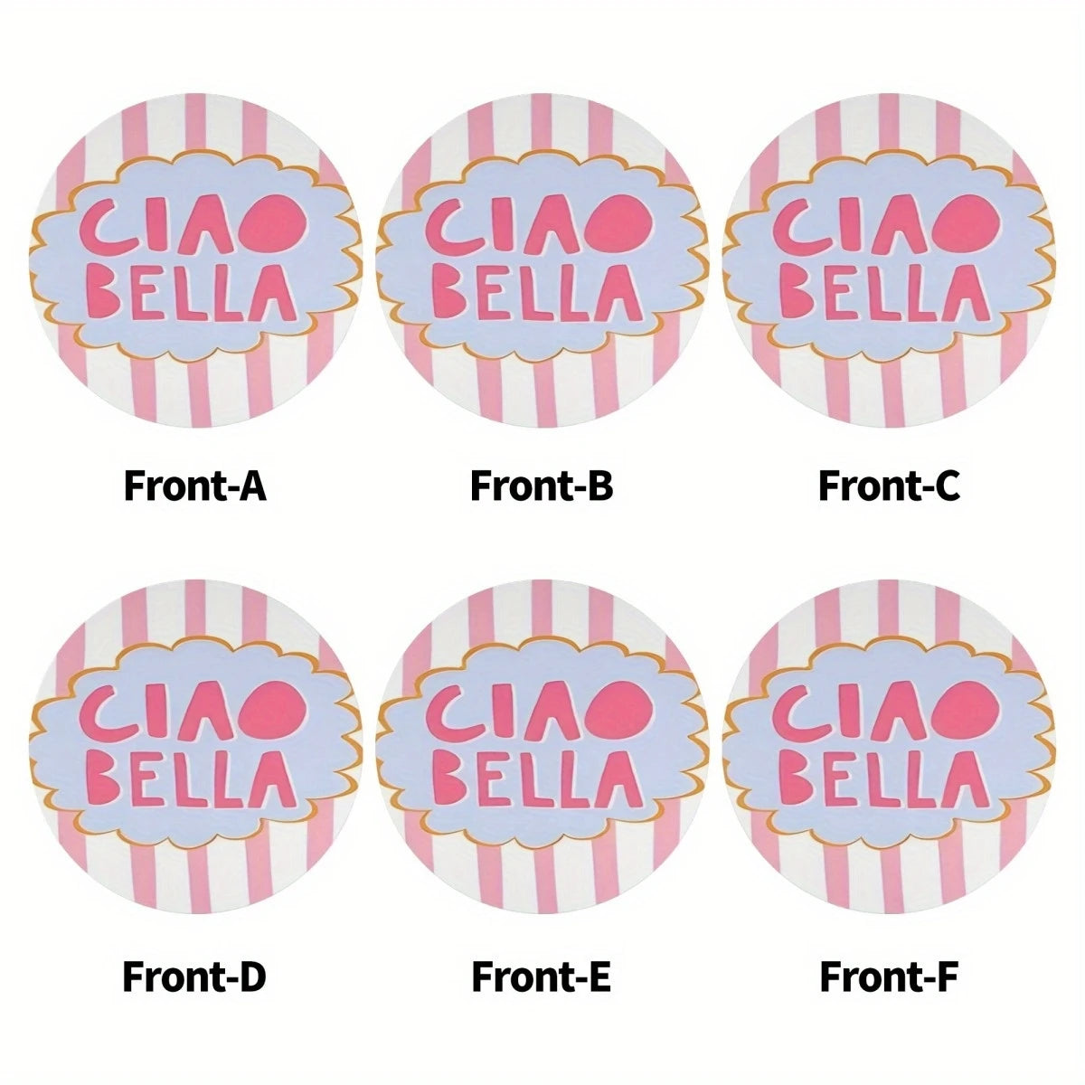 2D Ciao Bella Retro Italian Design Coaster Set - Pink & White with Blue Frame 6 round Table Protector Pads for Home Decor
