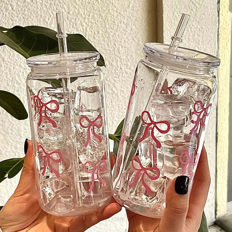 500ml Cute Bow Plastic Cup With Lids Straw Tumbler Mason Jar Shaped Coffee Cups Water Bottle Party Gift for Ice Coffee Juice Cup