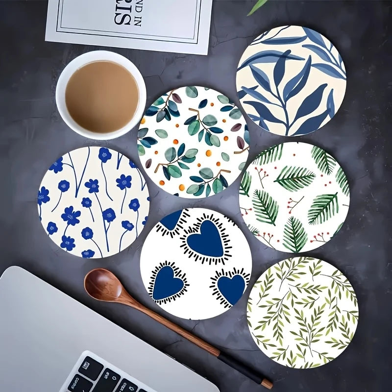 10CM 6PCS 2D Simplicity Nature Flowers Plants Fresh style Wooden Coasters Coffee Shop Furniture Decoration Desktop Protection