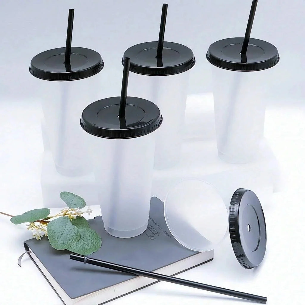 5pcs, 24.01oz Tumblers With Lids And Straws Reusable Plastic Cups Iced Coffee Large Water Bottle Party Cold Mug Summer Drinkware
