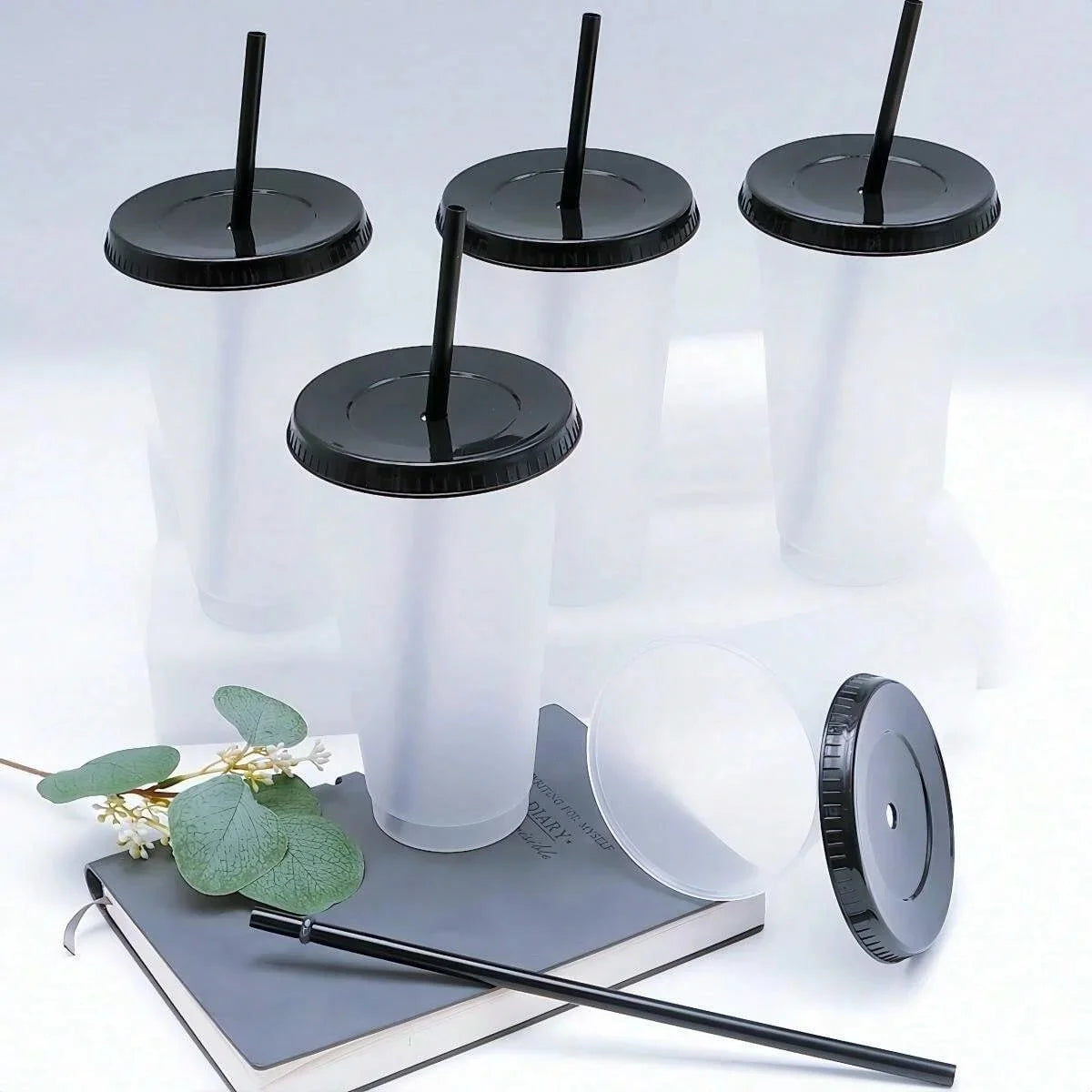 5pcs, 24.01oz Tumblers With Lids And Straws Reusable Plastic Cups Iced Coffee Large Water Bottle Party Cold Mug Summer Drinkware