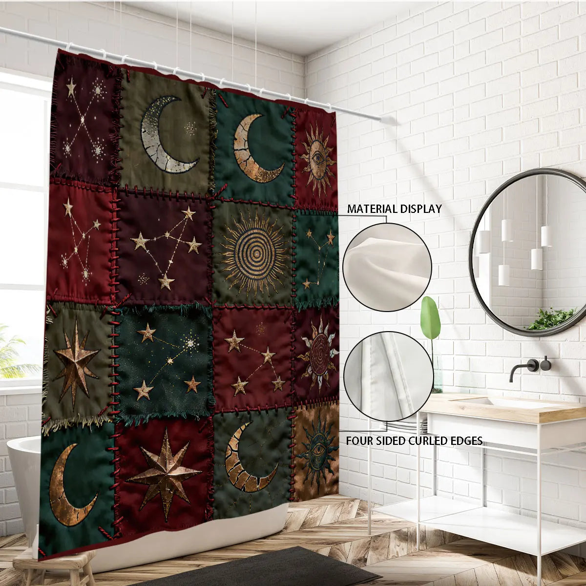 1pc fabric sun moon splicing print waterproof shower partition privacy hanging curtain 12 hook multiple size easy installation