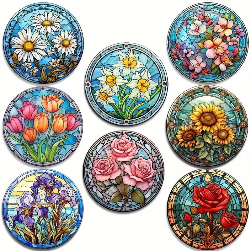 8pc/set beautiful colorful flowers tea table art wooden high temperature non-slip coaster round, suitable for adults, office, te