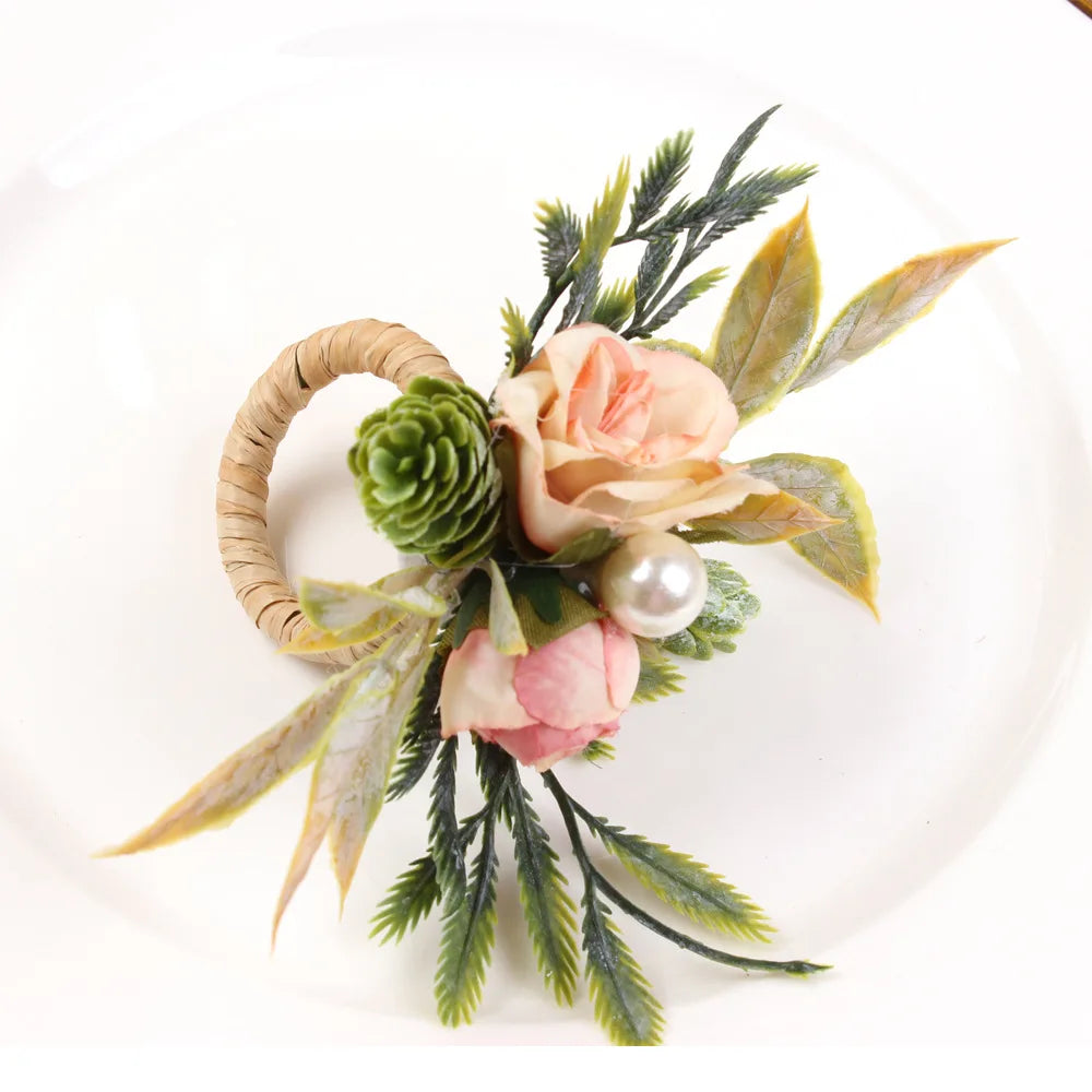 4PCS Simulation Eucalyptus Flowers Napkin Buckle, Pink Rose Napkin Rings, Festival Wedding Party Holiday Table Decoration