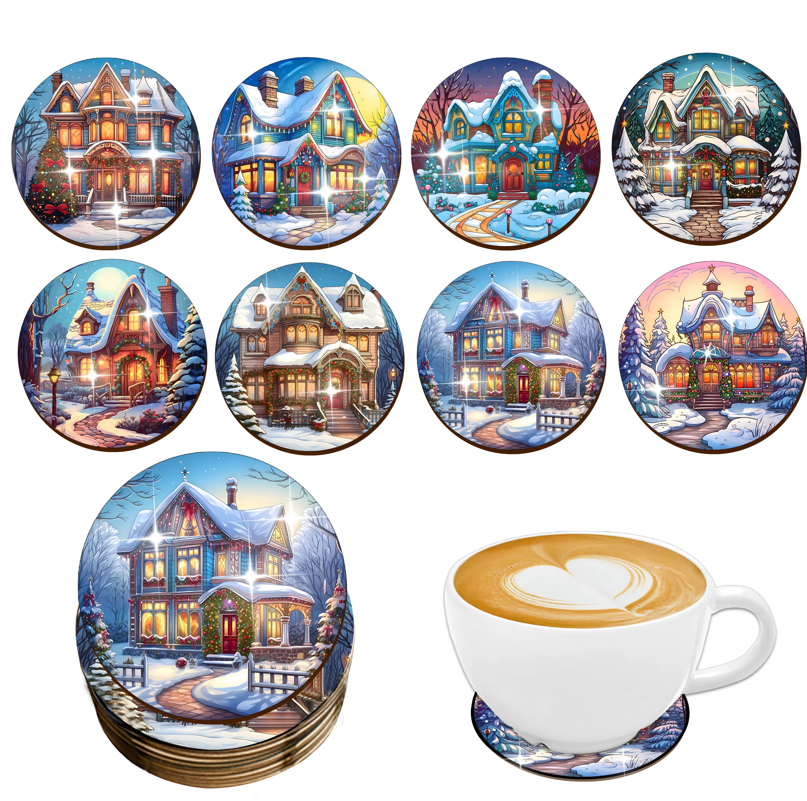 8-piece animal, Christmas Cottage print wooden coasters - perfect for drinks, tea and coffee - ideal for home and restaurant dec