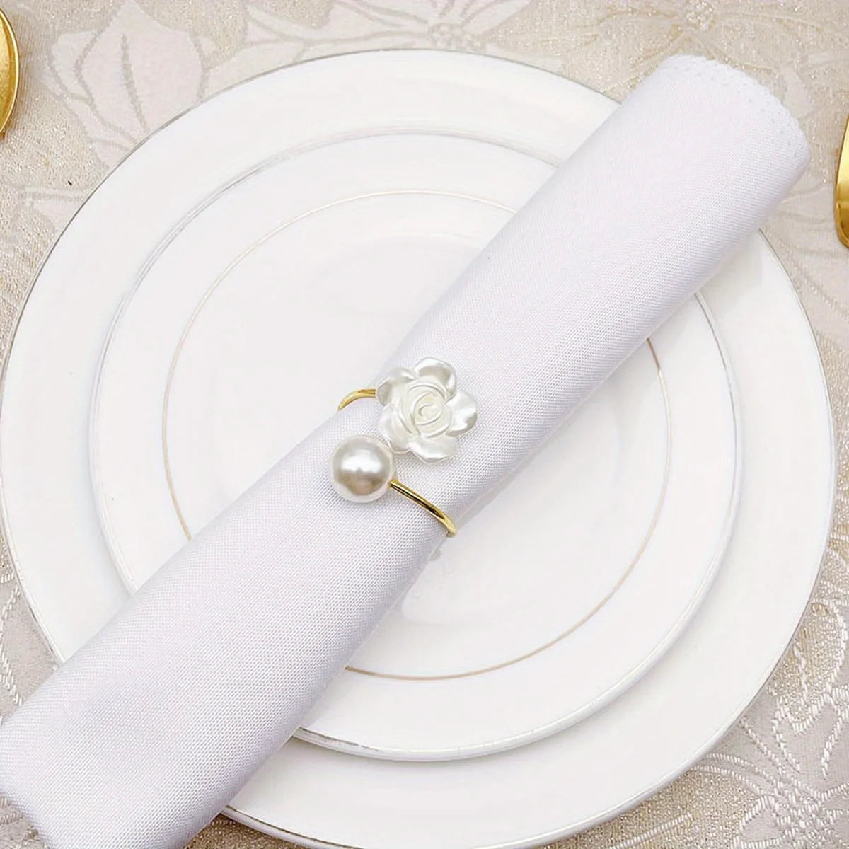 Rose Napkin Rings White Pearl Flower Napkin Holder Set Wedding Banquet Valentines Day Party Restaurant Kitchen Table Setting
